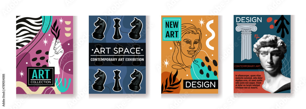 Fototapeta premium Art abstract poster. Modern design wall art, paint pattern music. Creative graphic contemporary. Ancient sculpture face and hand, line people. Vector background texture doodle tidy illustration set