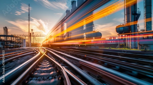 Dynamic Industrial Sunset with Blurred Motion Trails on Railway. Vivid Colors, Fast-Paced Urban Scene. Capturing the Rush of Time. AI photo