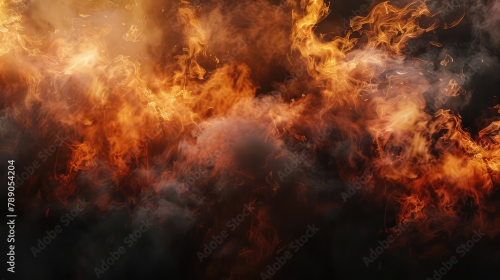 Isolated transparent modern illustration. Smoke and flame overlay. Grill heat glow in cloud. Hell bonfire fiery with hot cinders.