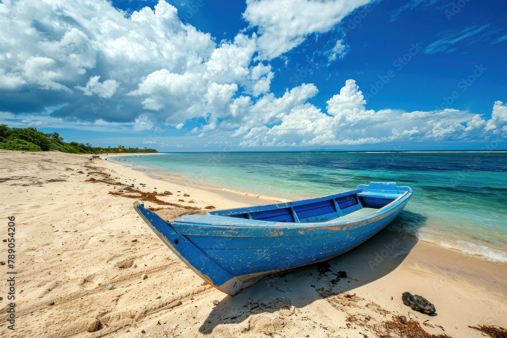 blue wooden boat on the sandy beach of an island. tropical sea, clear sky with white clouds. sunny day blue wooden boat on the sandy beach of an island. tropical sea, clear sky with white clouds. sunny day