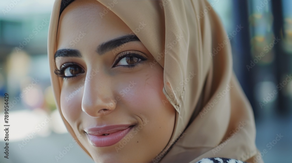 a female worker's face, smiling and looking at the camera. She is wearing a hijab and has a confident expression. a female worker's face, smiling and looking at the camera. She is wearing a hijab and has a confident expression.