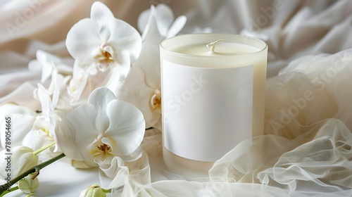 Homemade pillar candle with a blank label near white orchid flowers and tulle close up mockup Brand packaging mock up Home decoration romantic interior : Generative AI