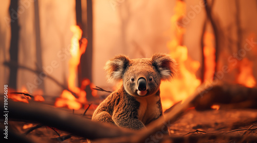 Koala on a background of burning forest. Danger of forest fires for wild animals, Environmental awareness and conservation efforts, Climate change