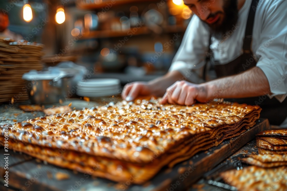 A blurred image of a baker with stacked, freshly baked matzo flatbreads in focus, showcasing the artisanal skill and tradition