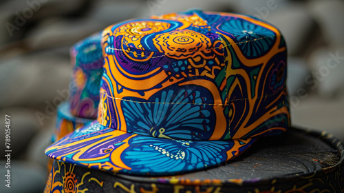 A sleek newsboy cap with a modern twist, featuring bold patterns and vibrant colors,