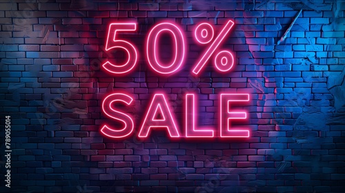 50% SALE text neon style on brick wall background