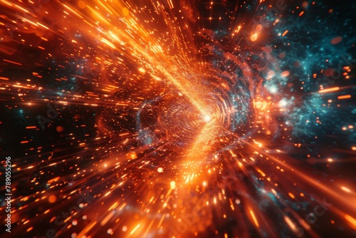 Intense and dramatic explosion of orange and blue particles, depicting a powerful and energetic phenomenon
