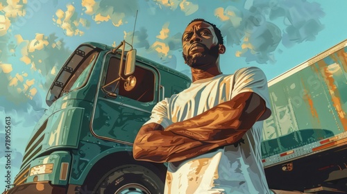 Focused African American Truck Driver Reflects on the Day with Green Truck photo