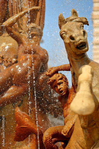 Obraz na płótnie Close-up on details of Artemis fountain (or Diana fountain, dated from 1906) located on Piazza Archimede (Archimede square) in Ortigia Island, Syracuse, Sicily, Italy w salonie