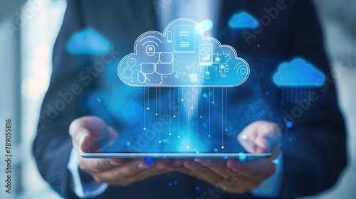Businessman holding tablet computer and cloud computing icon over . generative ai