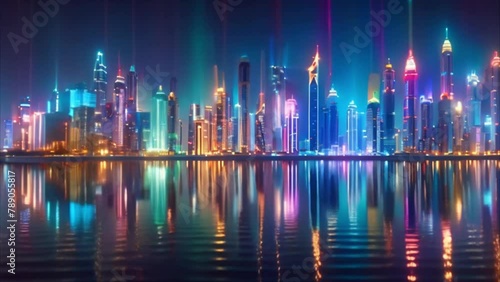  video Panaromic view of dubai city illuminated in neon spectrum  photo