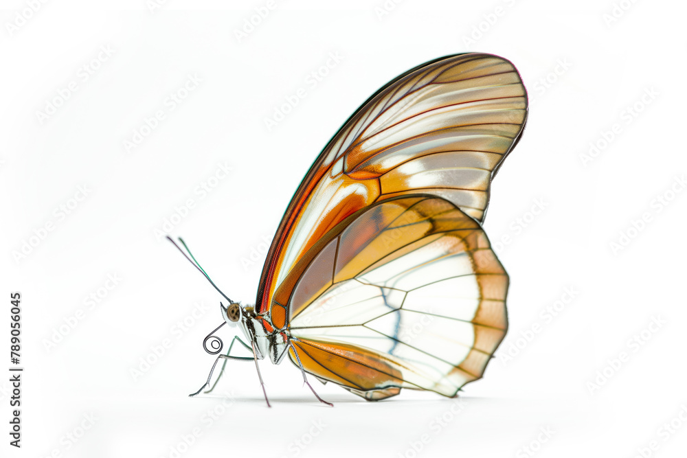 Beautiful Glasswing Yellow butterfly isolated on a white background. Side view Beautiful Glasswing Yellow butterfly isolated on a white background. Side view
