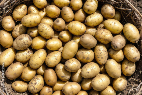Top down view of many organic  freshly dug potatoes. Agricultural background texture
