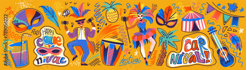 Carnival festive banner. Element dance and music party, background Brazil. Fun fair, Brazilian art, abstract Latin, summer, happy men and women, Mexico mask, drum and guitar. Vector event cartoon set © Natalia