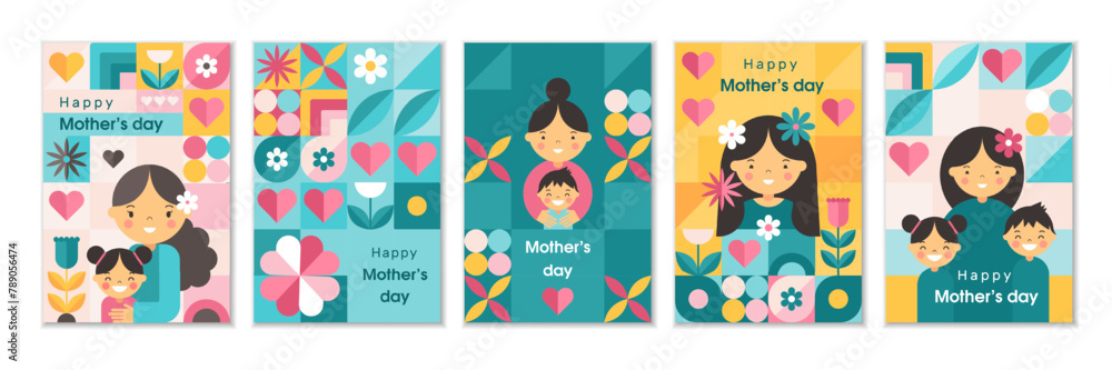 Mother s Day cards. Girls holiday. Abstract geometry. Happy mom with kid. Minimal geometric collage. Scandinavian mosaic. Floral spring modern pattern. Brutalism design. Vector celebration posters set Mother s Day cards. Girls holiday. Abstract geometry. Happy mom with kid. Minimal geometric collage. Scandinavian mosaic. Floral spring modern pattern. Brutalism design. Vector celebration posters set
