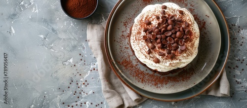 Tiramisu dessert with chocolate garnish displayed on a plate against a grey stone backdrop, captured from above with space for text.