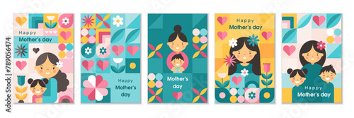 Mother s Day cards. Girls holiday. Abstract geometry. Happy mom with kid. Minimal geometric collage. Scandinavian mosaic. Floral spring modern pattern. Brutalism design. Vector celebration posters set