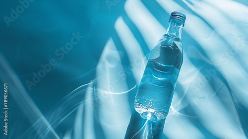 Bottled water A bottle of mineral water with hard shadows on blue background Flat lay Top view Copy space : Generative AI photo