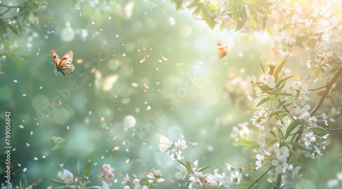 A serene springtime scene with delicate white blooms and gentle butterflies, creating a dreamy, pastel-toned backdrop, evoking the fresh, hopeful essence of spring