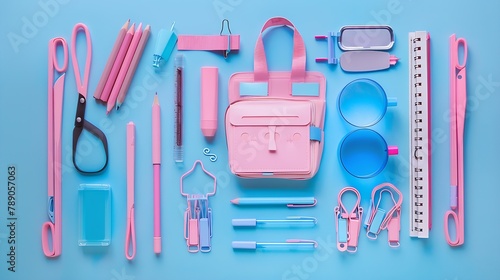 school supplies pink and blue colors flat lay composition : Generative AI