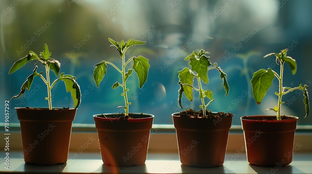 seedlings of tomato and paprika plants in pots on the windowsill isolated closeup : Generative AI seedlings of tomato and paprika plants in pots on the windowsill isolated closeup : Generative AI