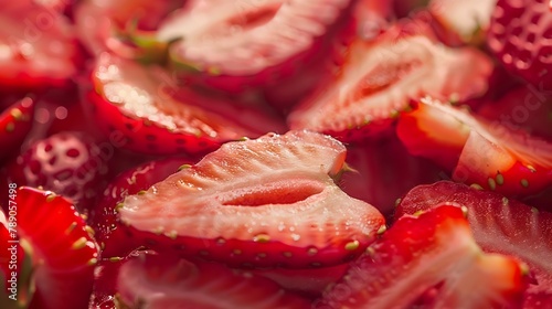 Strawberry background Blurred natural red background Texture of strawberry berries Beautiful sliced strawberries closeup Horizontal closeup nobody Healthy eating concept   Generative AI