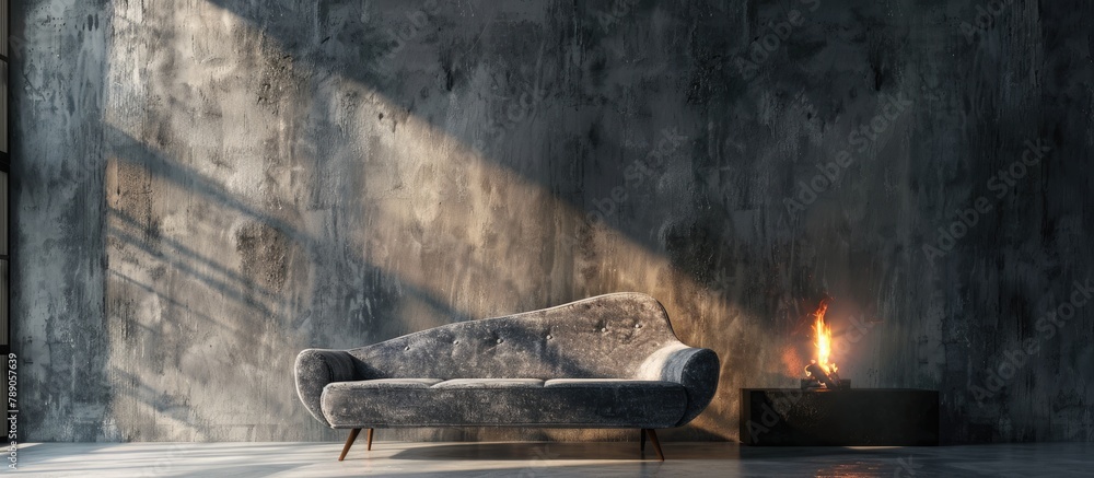 Fototapeta premium A gray velour sofa is surrounded by bright light coming from an artificial fireplace in a dark room with concrete walls, typical of a loft interior.