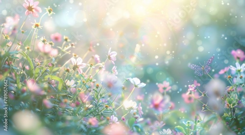 A delicate tableau of spring, where blossoming flowers meet the soft hues of a dreamy backdrop, with a dainty butterfly fluttering amidst petals dusted with magical bokeh sparks © Lena_Fotostocker