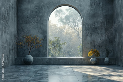 Stylishly minimal interior showcasing an arched window that frames a captivating view of lush greenery and sky