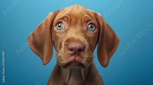 Closeup peeking vizsla puppy dog summer or spring Isolated on blue background   Generative AI