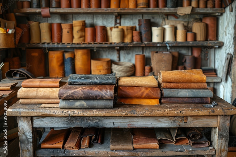 Top view of vintage leather crafting materials laid out on a rustic wooden table with a workshop feel