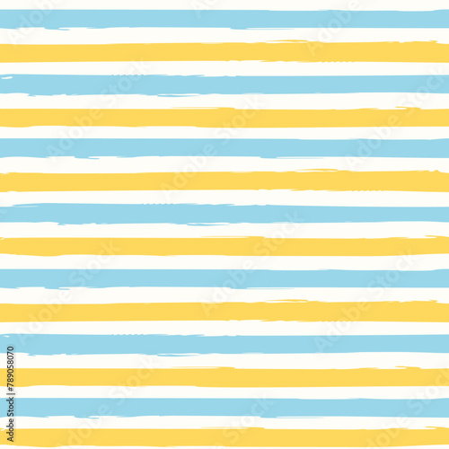 Vector illustration. Seamless pattern of yellow-blue horizontal stripes on a light milky white background. Textile printing, fabric design, packaging, wrapping paper, children's wallpaper