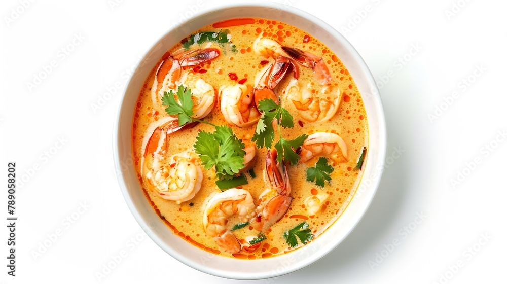 Flat lay top view Spicy Thai Prawn Coconut Milk soup isolated on white background : Generative AI