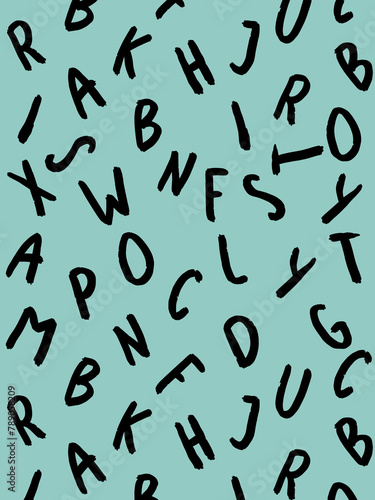 template with the image of keyboard symbols. set of letters. Surface template. pastel green blue background. Vertical image.