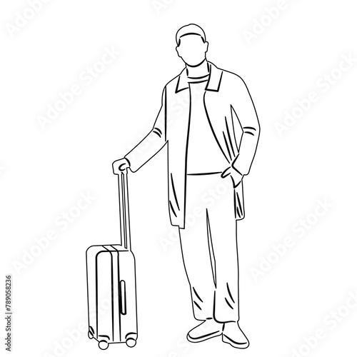 man with a suitcase, sketch, outline on a white background vector