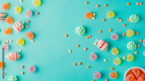 Colorful candies on pastel turquoise background Flat lay top view : Generative AI