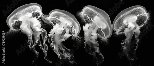 a group of moon jellyfish, full length body shot, high contrast portrait, black and white