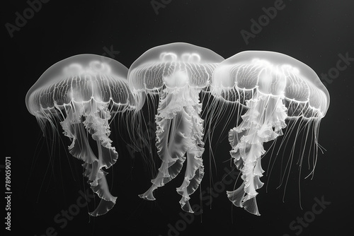 a group of moon jellyfish, full length body shot, high contrast portrait, black and white