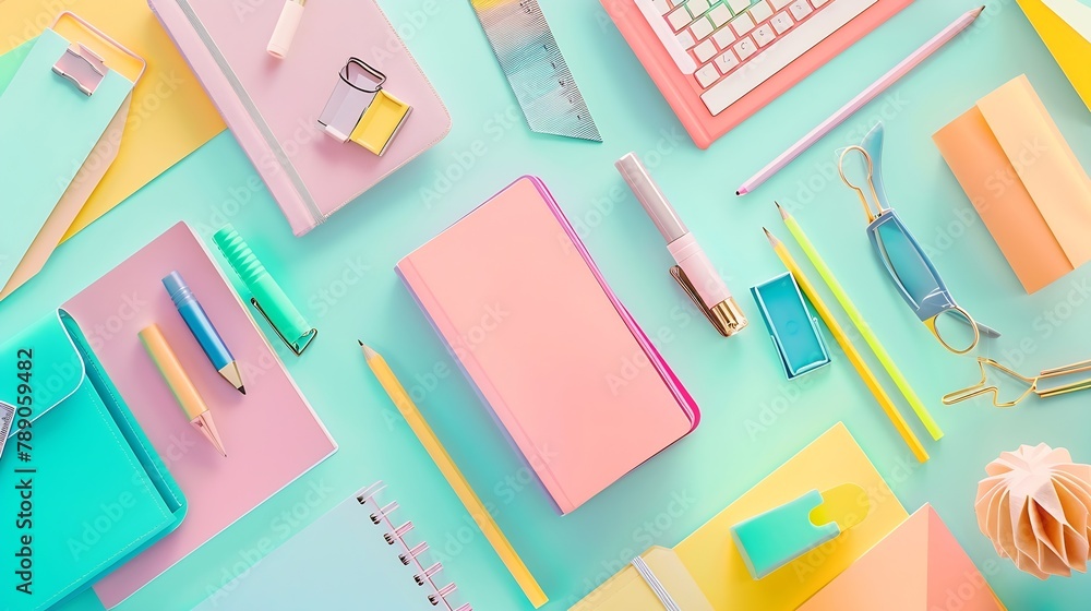 Composition with different stationery on color background : Generative AI Composition with different stationery on color background : Generative AI