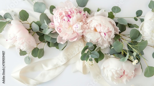 Feminine wedding or birthday table composition with floral bouquet White and pink peonies flowers eucalyptus and silk ribbon Festive greeting card invitation Empty space Flat lay top v   Generative AI