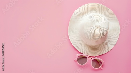 Baby accessories sunglasses and a hat on a pink background Little girls accessories flat lay   Generative AI