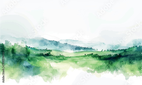 watercolor illustration background landscape with grass and mountains