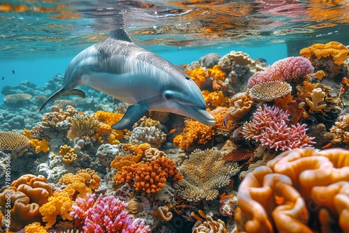 A vibrant underwater shot of a dolphin swimming near a colorful coral reef teeming with marine life