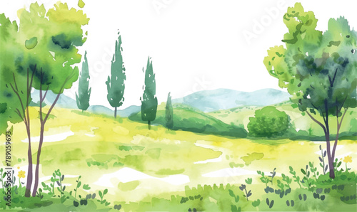 watercolor illustration background landscape with grass and trees