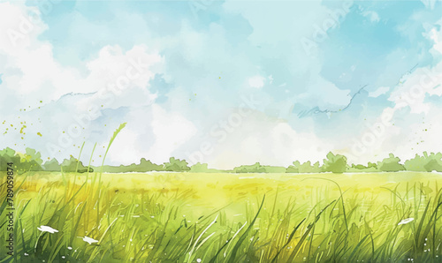 watercolor illustration background green grass and blue sky