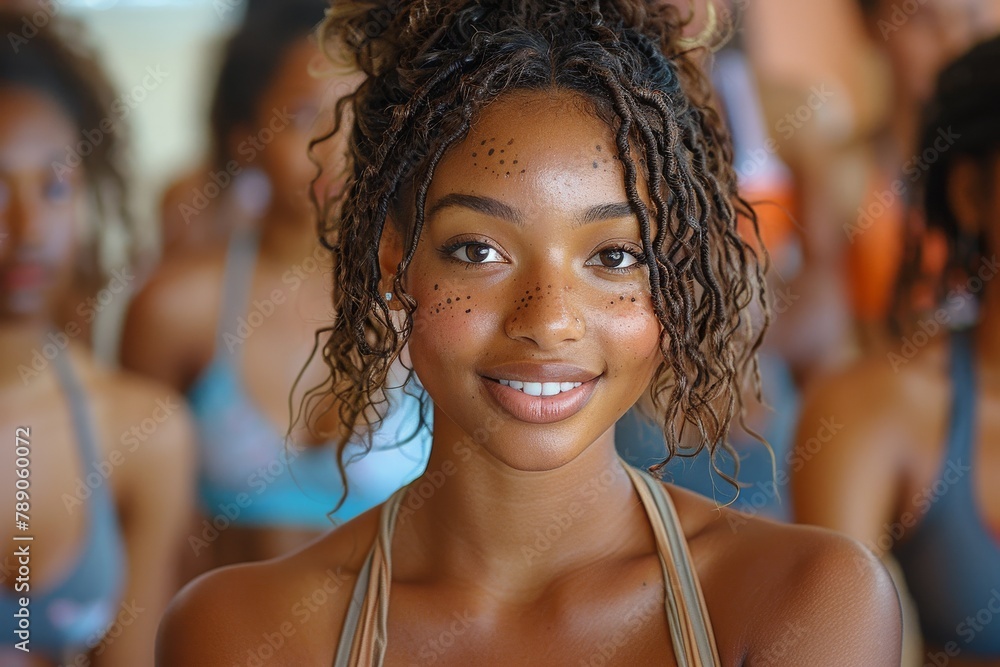 A warm and engaging image of a smiling young woman with curly hair and freckles in a well-lit environment