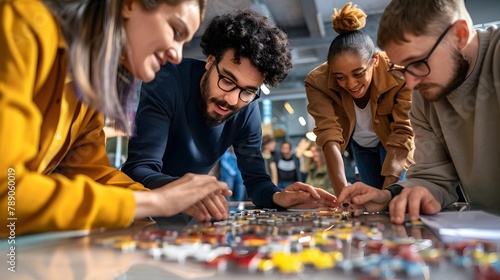 Company employees playing game and joining pieces of jigsaw puzzle during team building activity