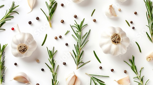 garlic with rosemary and peppercorn isolated on white background Top view Flat lay pattern : Generative AI photo