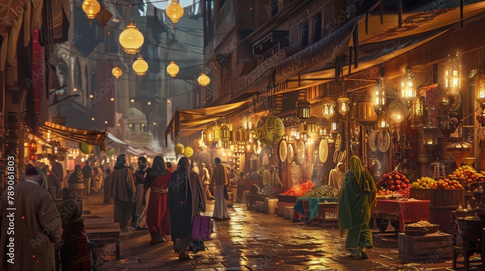 A bustling marketplace in a city square, with vendors selling their wares under the warm glow of streetlights and colorful awnings.