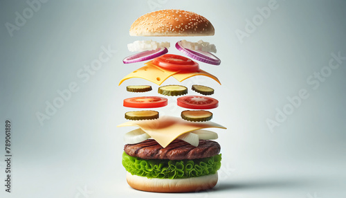 a hamburger with its layers floating in the air